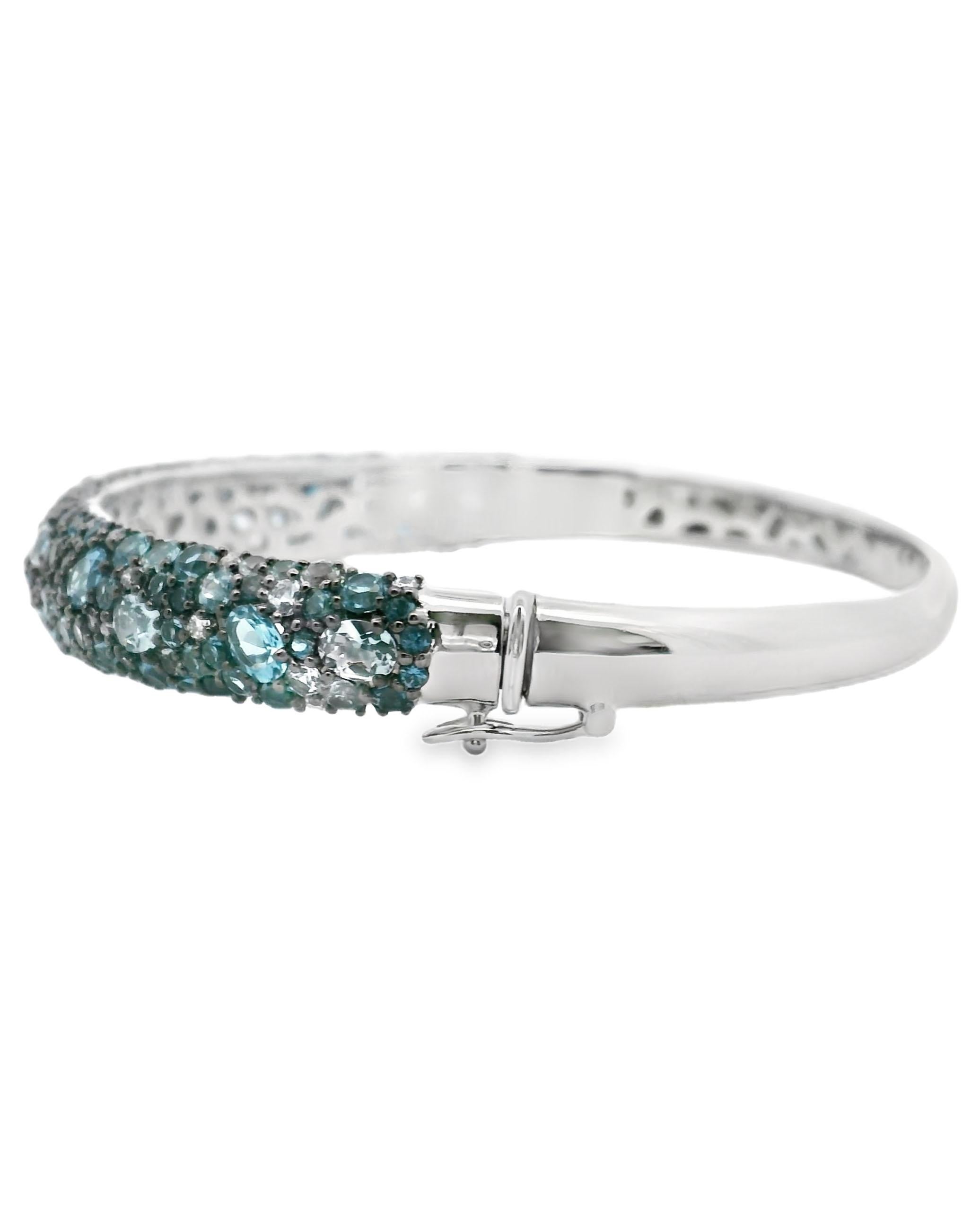Contemporary 14K White Gold Blue Topaz Bangle with Diamonds For Sale
