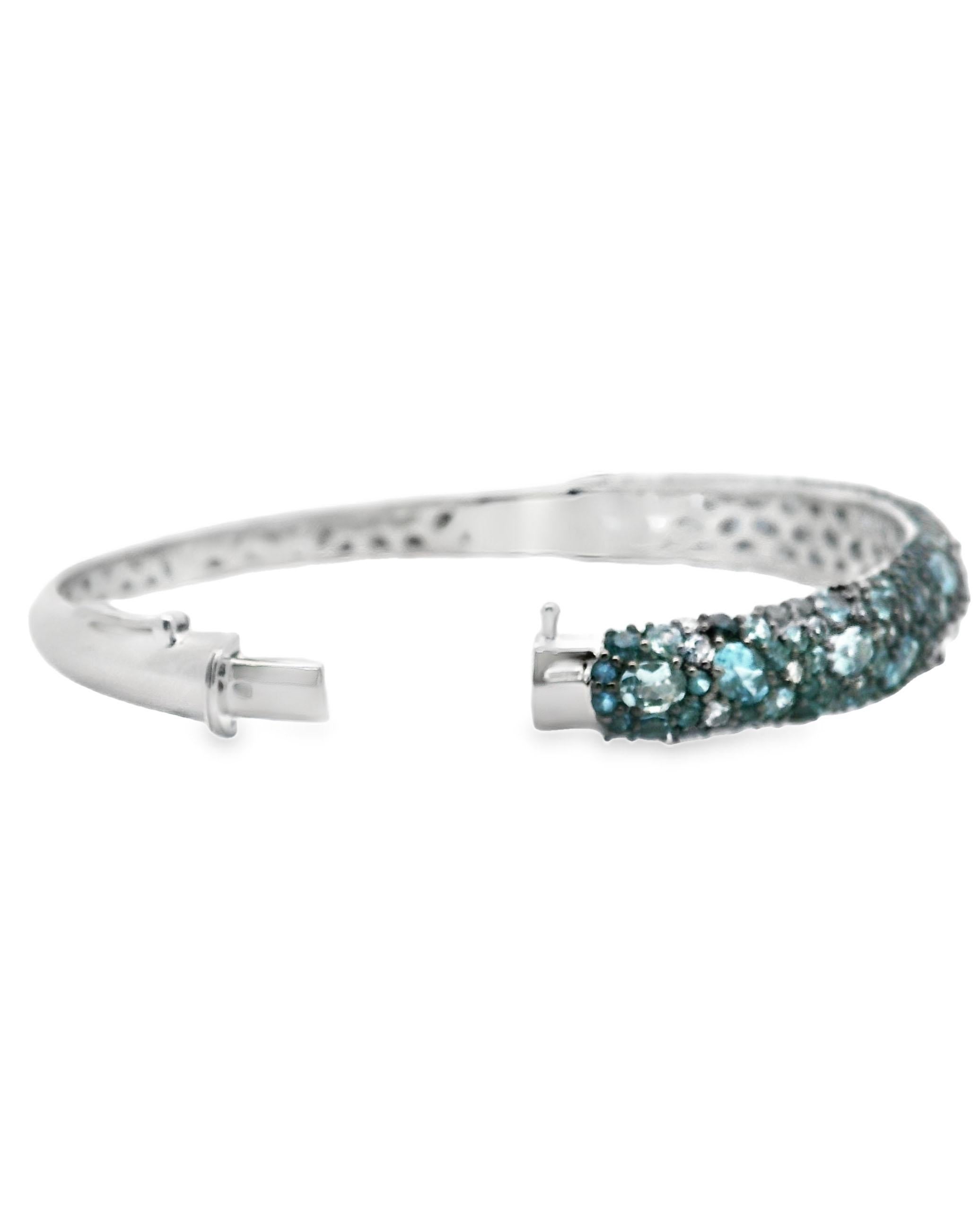 Round Cut 14K White Gold Blue Topaz Bangle with Diamonds For Sale