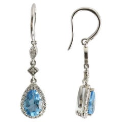 14K White Gold Blue Topaz & Diamond Dangle Earrings