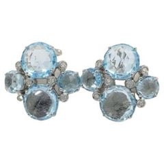 14K White Gold Blue Topaz Diamond Earrings