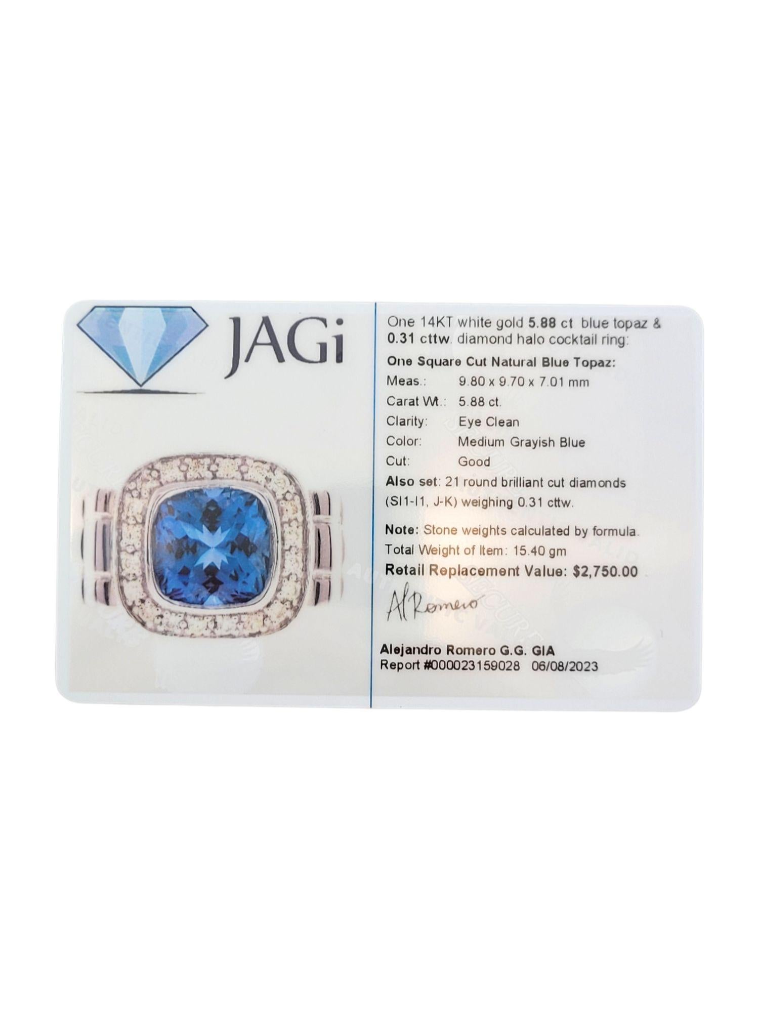 14K White Gold Blue Topaz Diamond Halo Cocktail Ring Size 7 #14765 For Sale 3