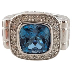 14K Weißgold Blauer Topas Diamant Halo Cocktail-Ring Größe 7 #14765
