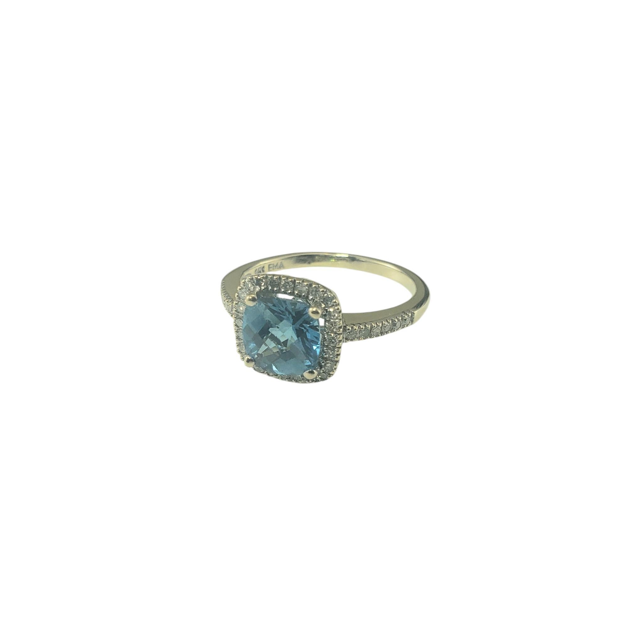 Vintage 14K White Gold Blue Topaz & Diamond Ring Size 5.75 JAGi Certified-

This elegant ring features one square cushion shaped blue topaz stone (7 mm x 7 mm) and 36 round single cut diamonds in the halo and band.

Approximate total diamond weight: