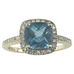 14K White Gold Blue Topaz & Diamond Halo Ring Size 5.75  #19660