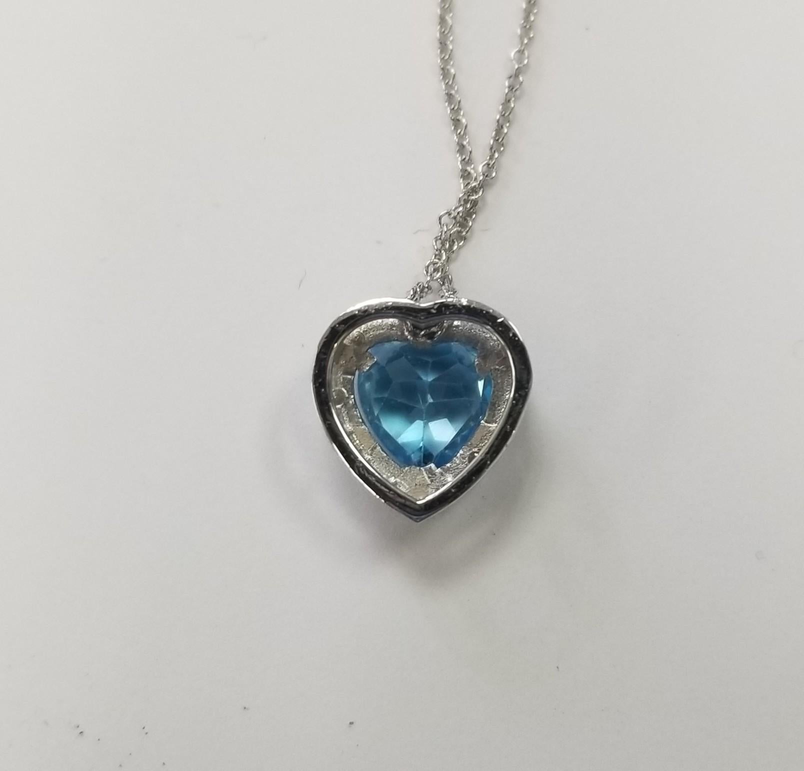 14k White Gold Blue Topaz Heart Shape with a Diamond Halo pendant In New Condition For Sale In Los Angeles, CA