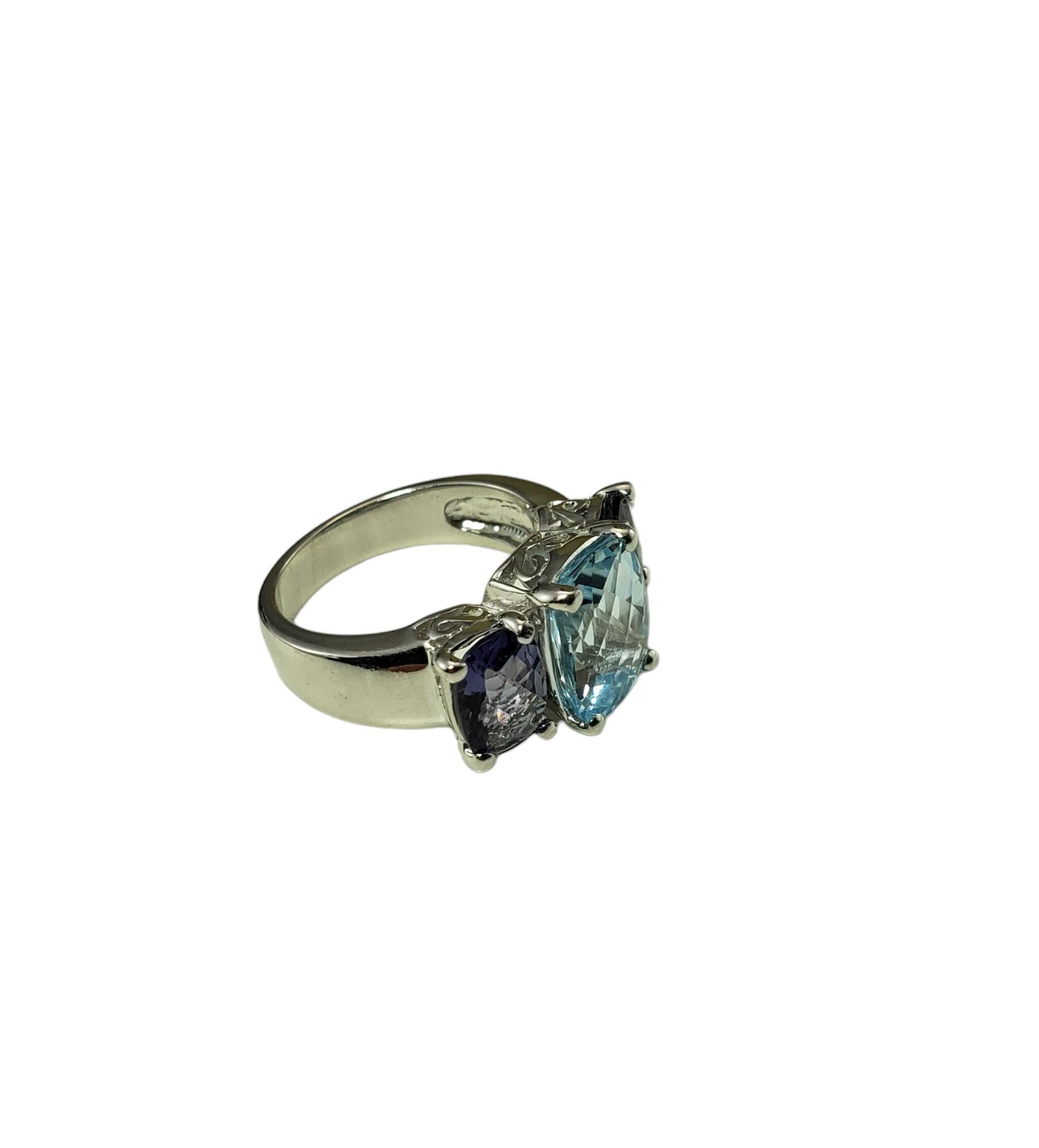 Contemporary 14K White Gold Blue Topaz & Iolite Trinity Style Ring Size 6.5 #20695 For Sale