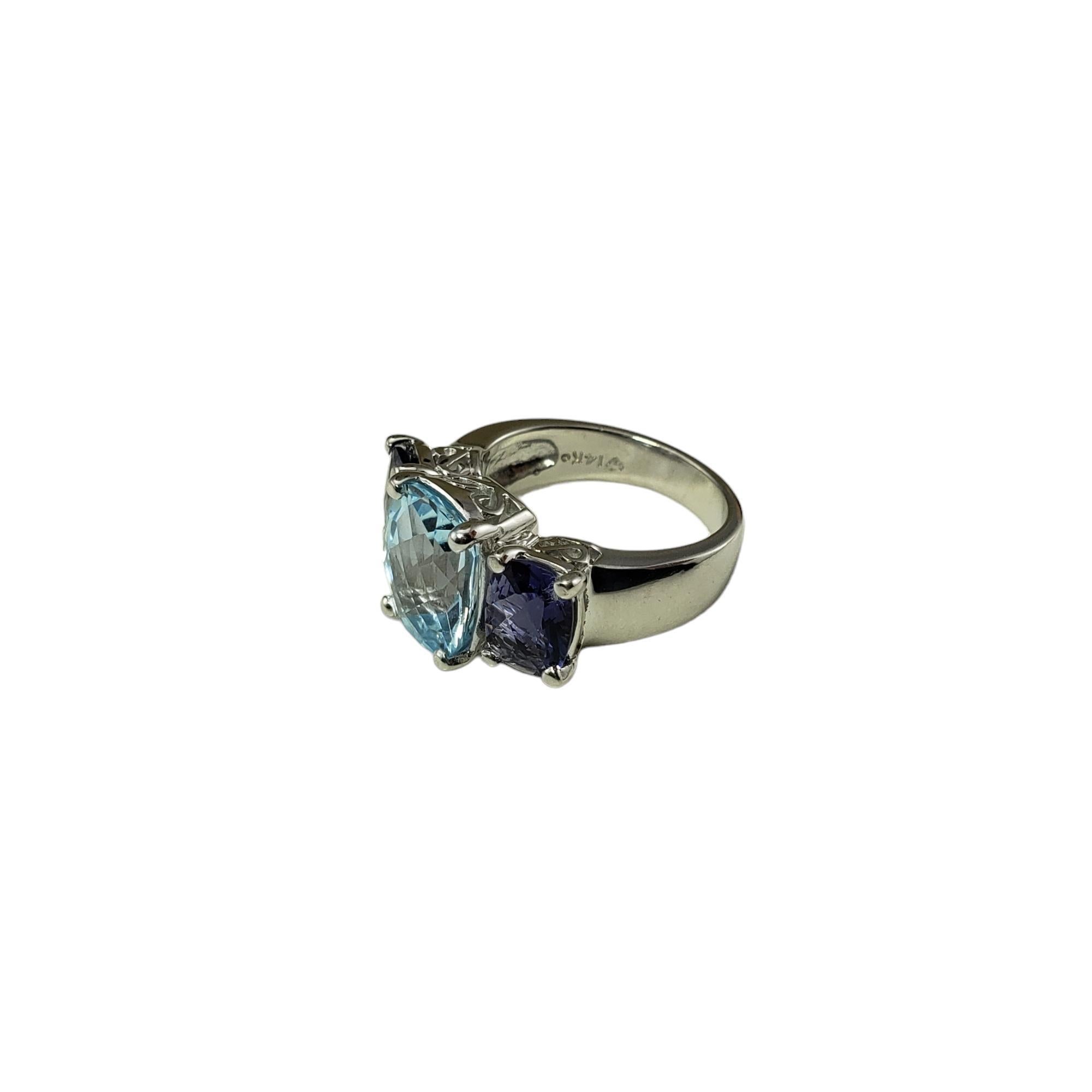 Cushion Cut 14K White Gold Blue Topaz & Iolite Trinity Style Ring Size 6.5 #20695 For Sale