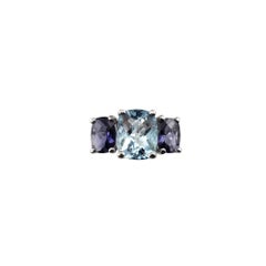 Bague de style Trinity en or blanc 14 carats, topaze bleue et iolite taille 6,5 n° 20695