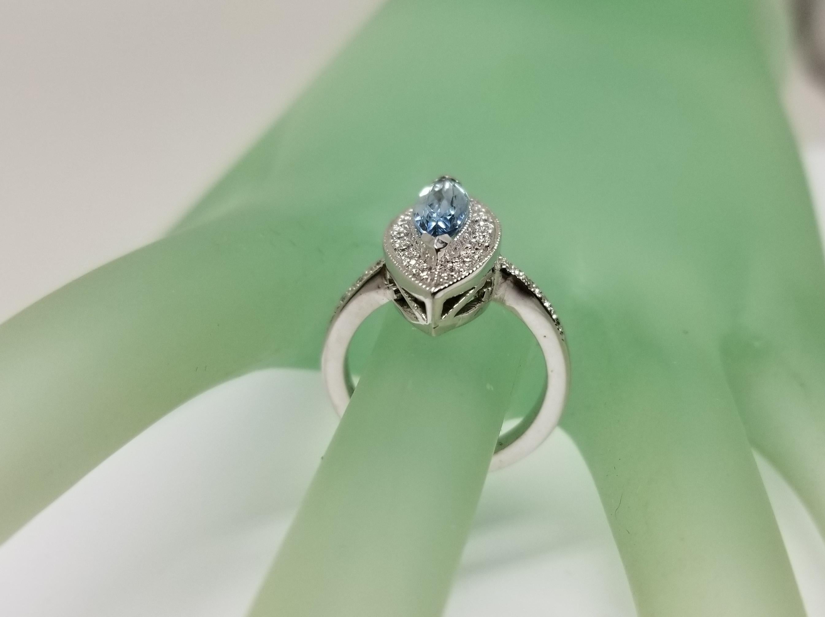 14 Karat White Gold Blue Topaz Marquise Cut and Diamond Ring In New Condition In Los Angeles, CA