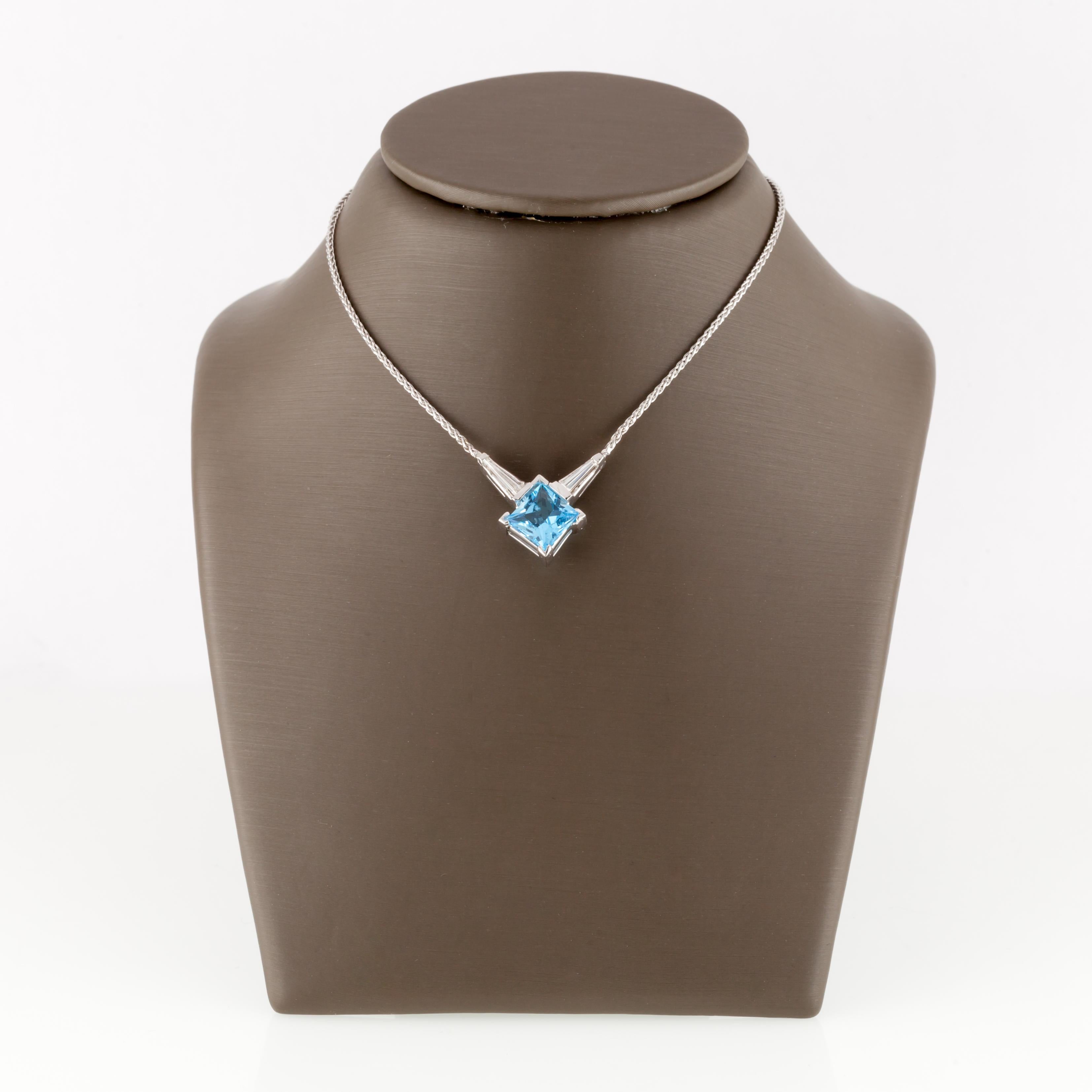 Princess Cut 14k White Gold Blue Topaz Pendant with 0.25 Carat Diamond Accents & Gold Chain For Sale