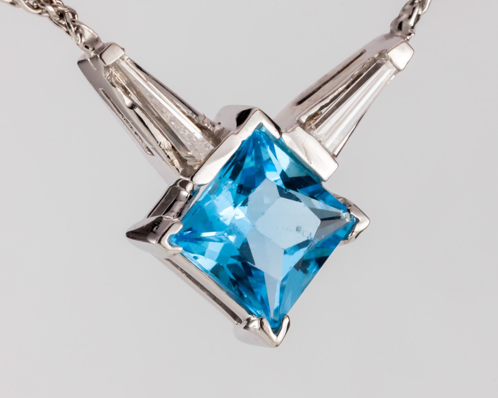 14k White Gold Blue Topaz Pendant with 0.25 Carat Diamond Accents & Gold Chain In Good Condition For Sale In Sherman Oaks, CA