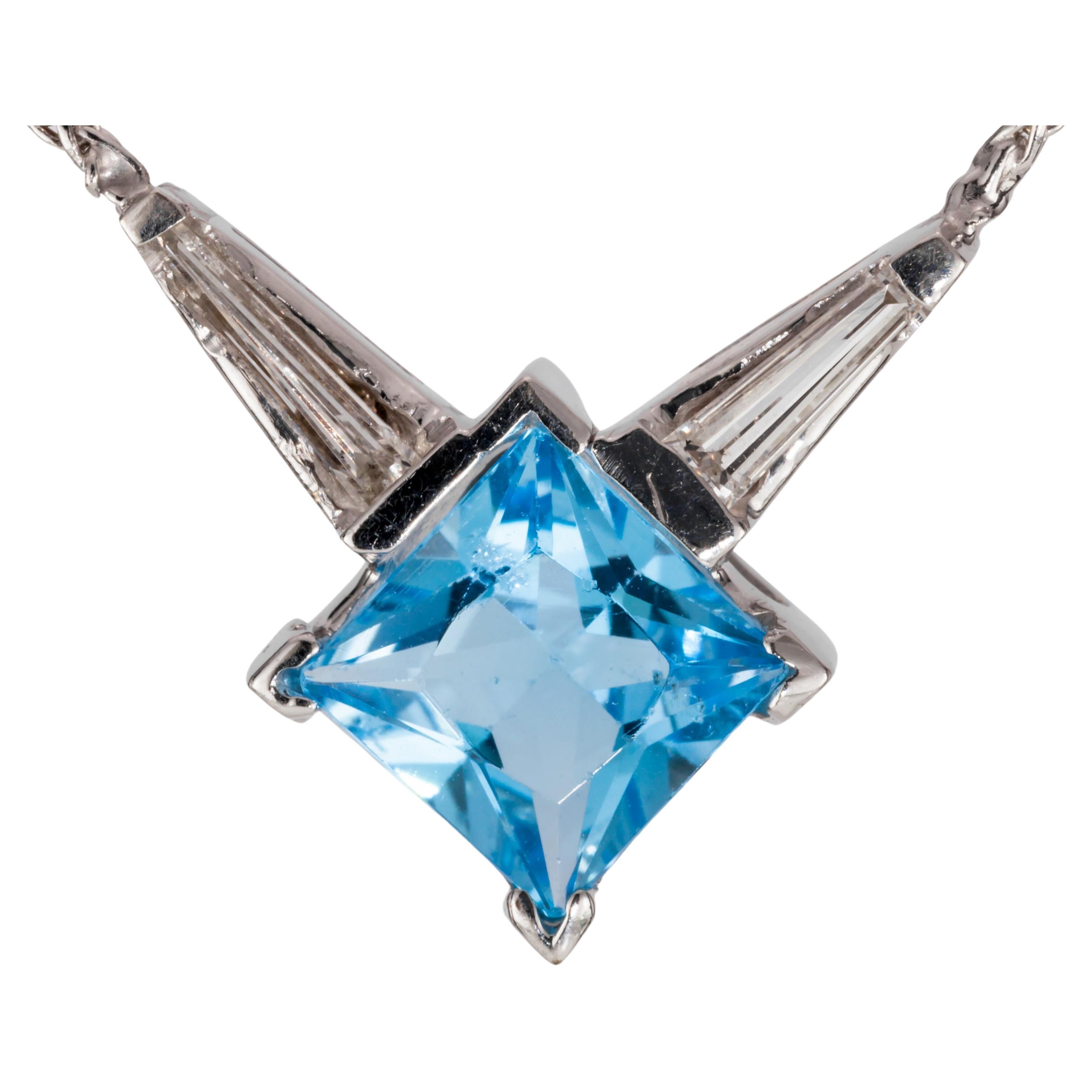 14k White Gold Blue Topaz Pendant with 0.25 Carat Diamond Accents & Gold Chain For Sale
