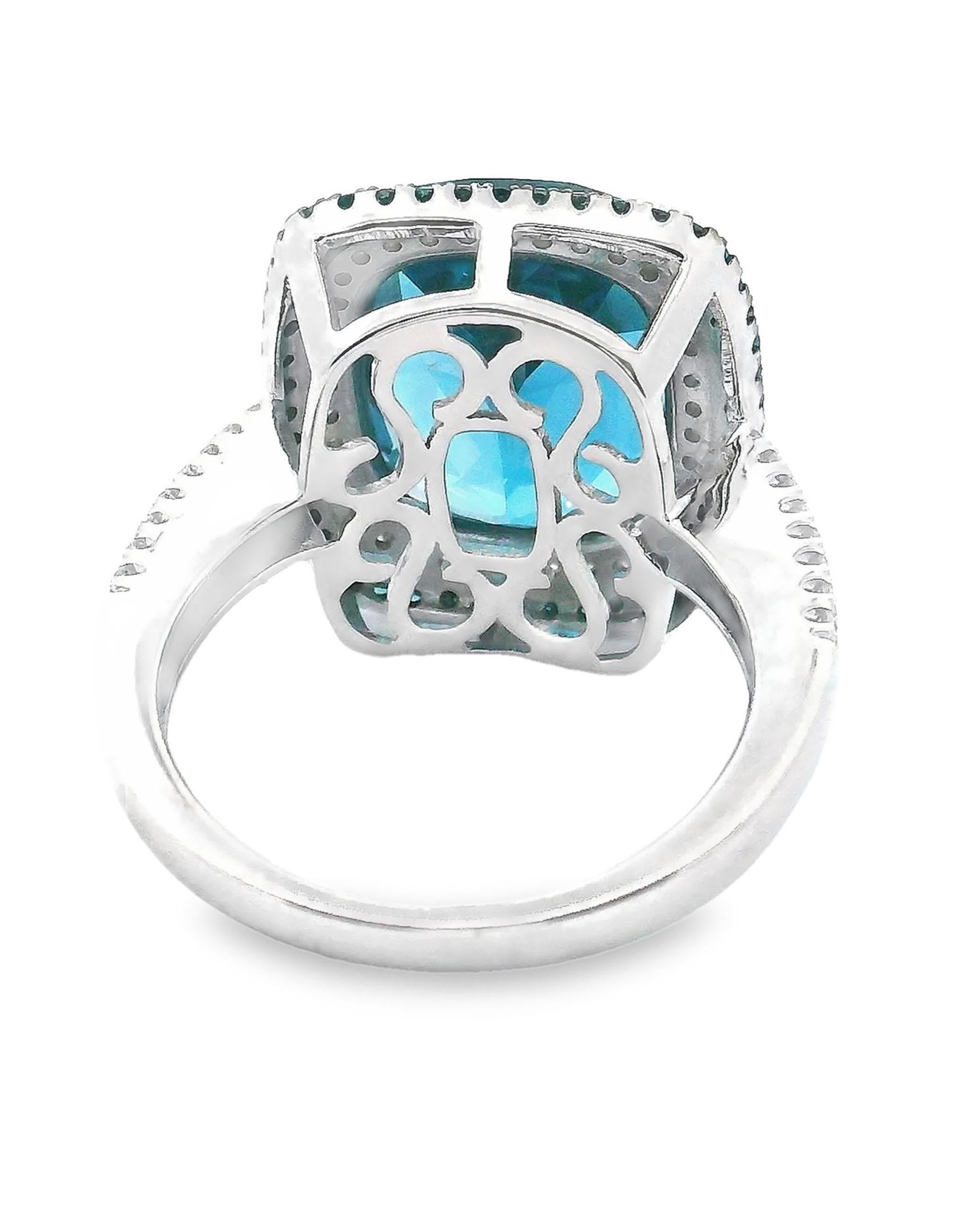 Contemporary 14K White Gold Blue Topaz Ring with Treated Blue Diamonds For Sale