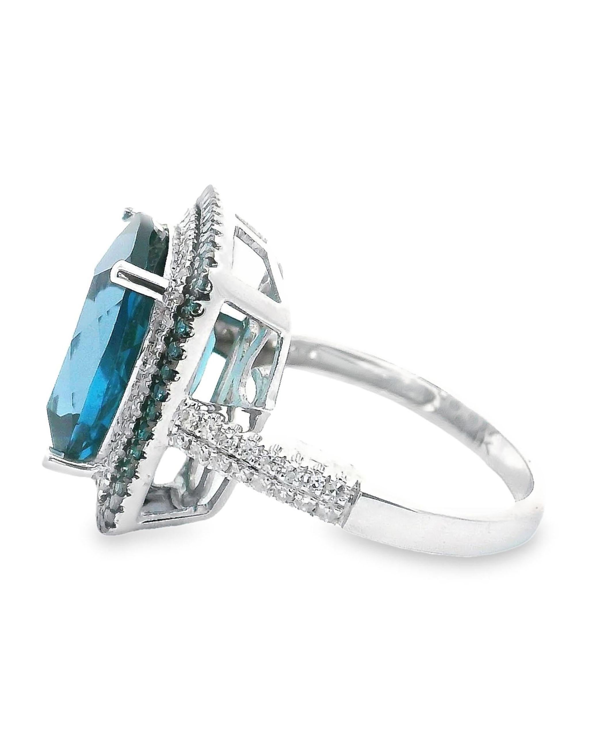 Cushion Cut 14K White Gold Blue Topaz Ring with Treated Blue Diamonds For Sale