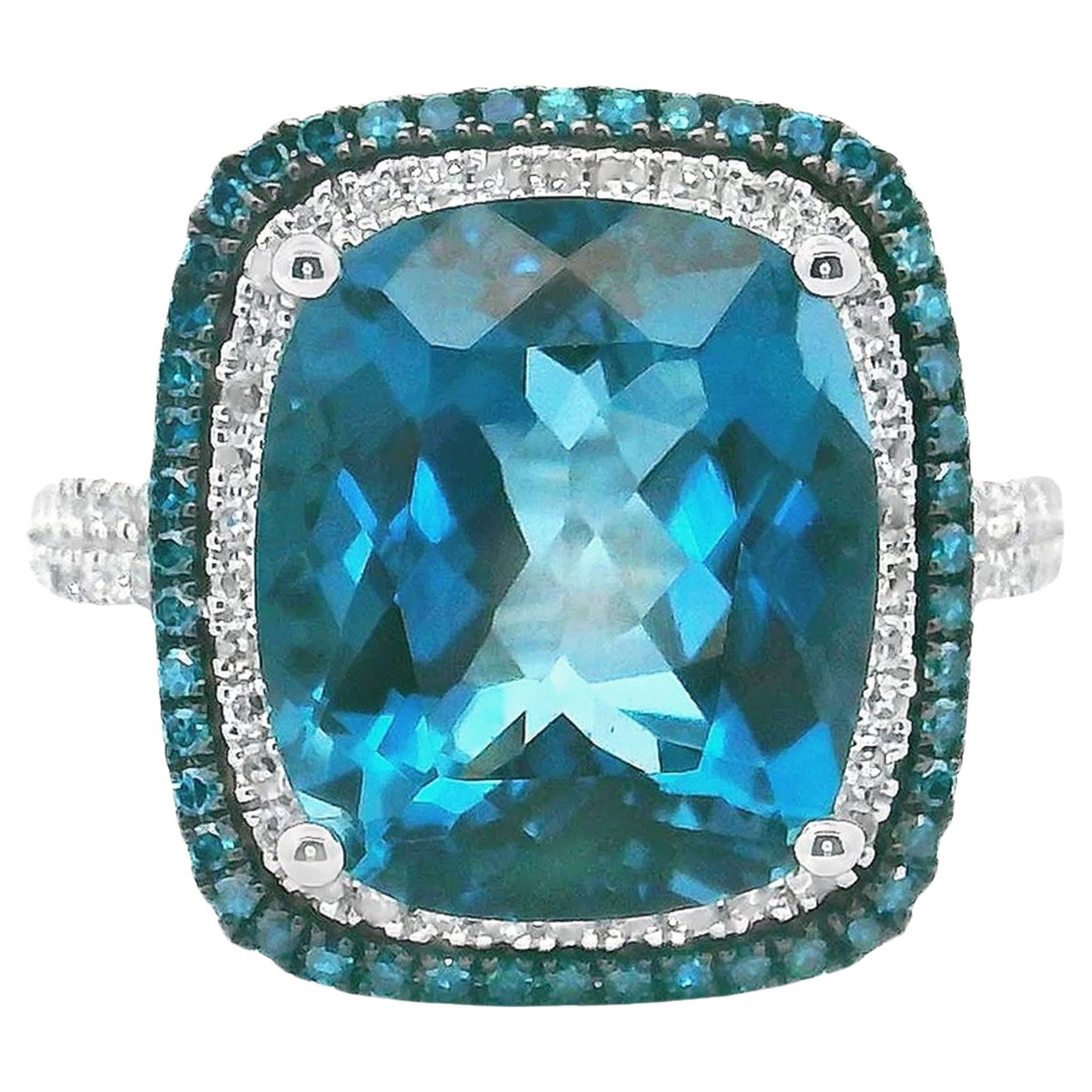 14K White Gold Blue Topaz Ring with Treated Blue Diamonds For Sale