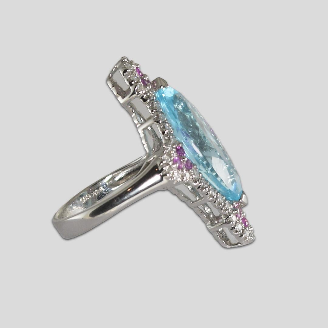 Round Cut 14K White Gold Blue Topaz, Sapphire, and Diamond Ring For Sale