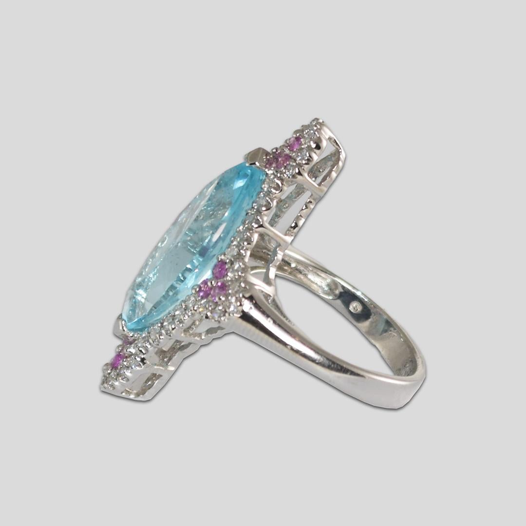 Women's or Men's 14K White Gold Blue Topaz, Sapphire, and Diamond Ring For Sale