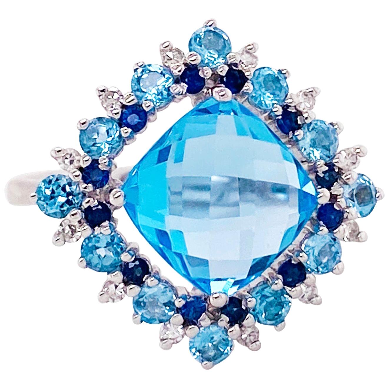 14k White Gold Blue Topaz, Sapphire and Diamond Ring