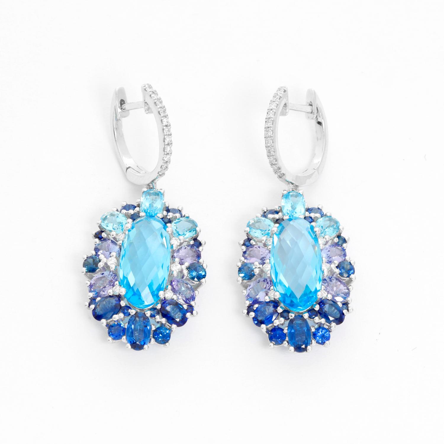 14 Karat White Gold Blue Topaz, Tanzanite, Sapphire and Diamond Earrings In New Condition In Dallas, TX