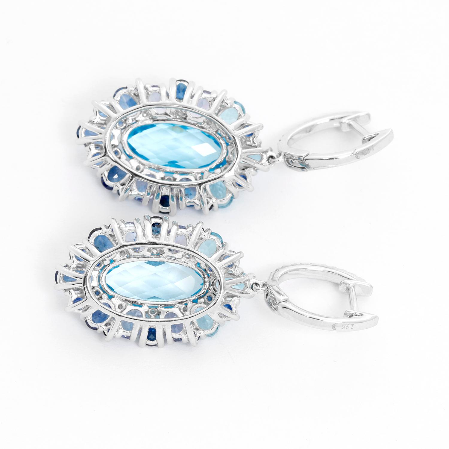 Women's 14 Karat White Gold Blue Topaz, Tanzanite, Sapphire and Diamond Earrings