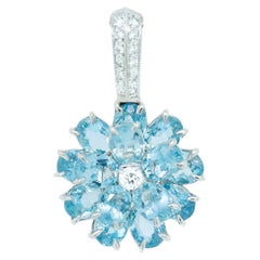 14k White Gold, Blue Tourmaline, and Diamond Flower Pendant