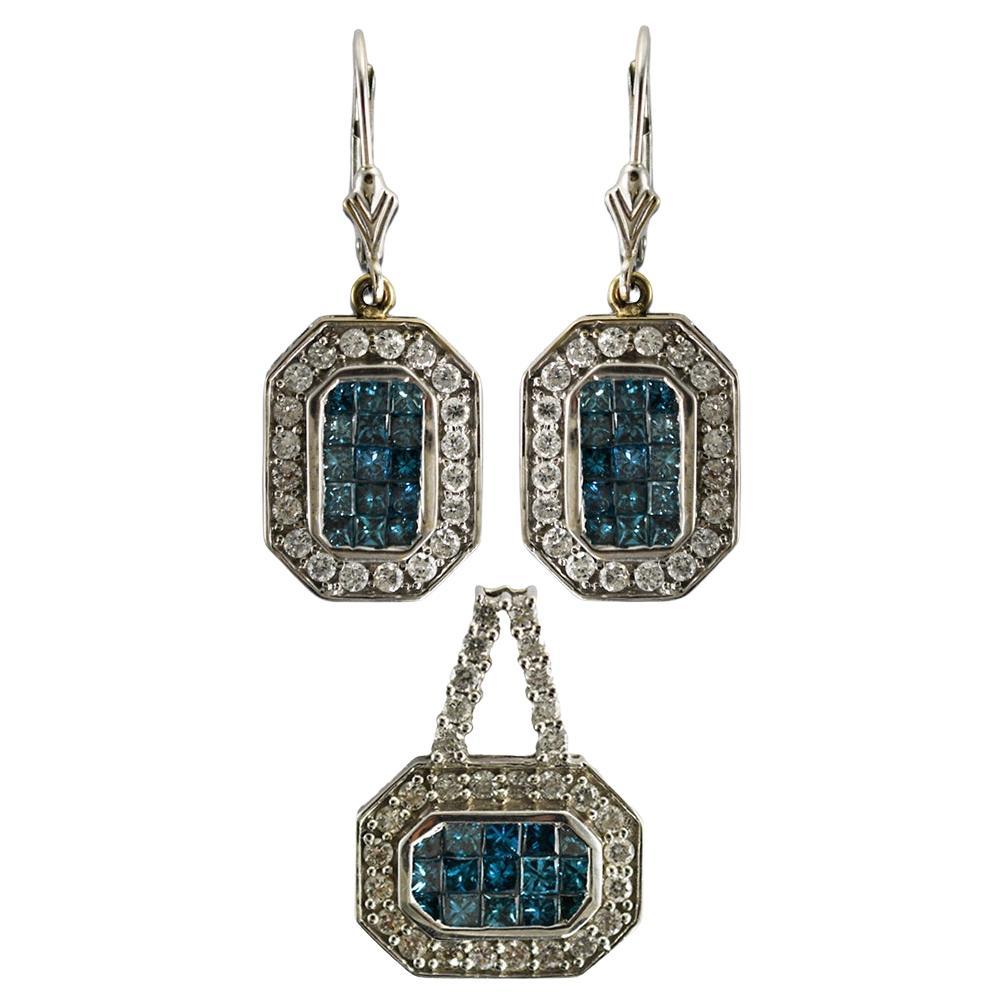 14K White Gold Blue & White Diamond Earrings & Pendant Set