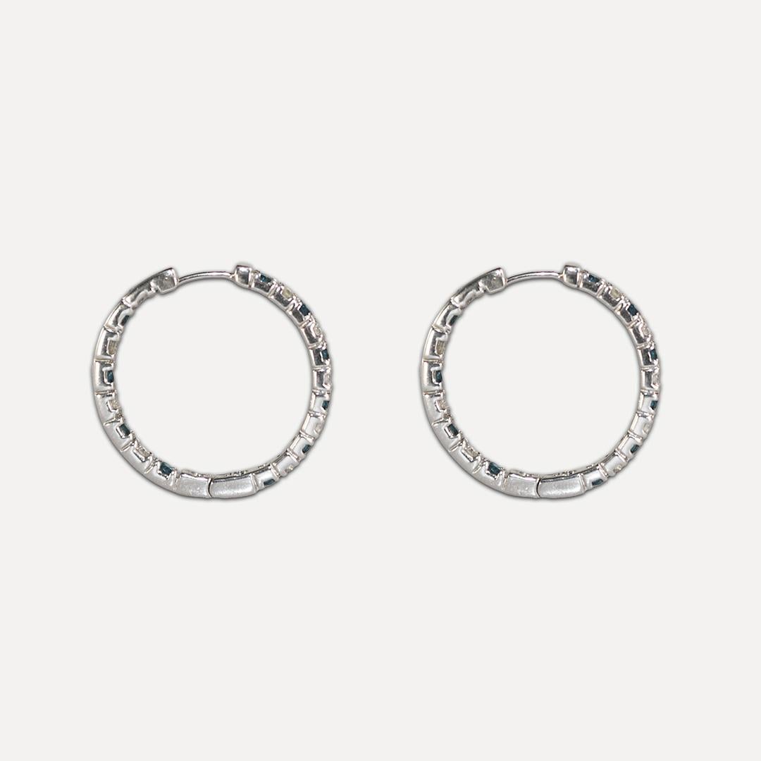 Round Cut 14K White Gold Blue & White Diamond Hoop Earrings 1.50 ct For Sale