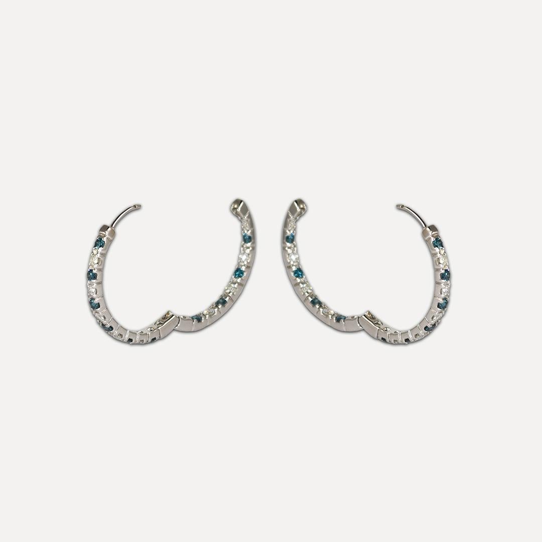 Women's or Men's 14K White Gold Blue & White Diamond Hoop Earrings 1.50 ct For Sale
