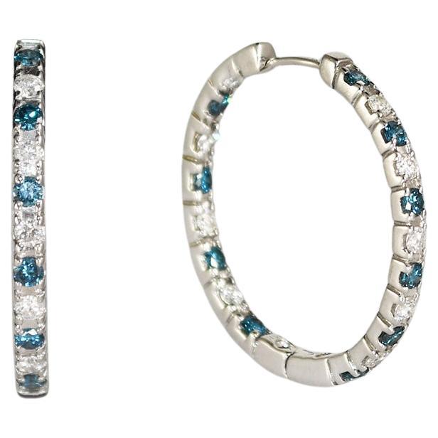 14K White Gold Blue & White Diamond Hoop Earrings 1.50 ct For Sale
