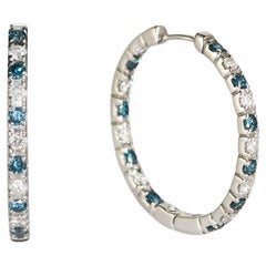 14K White Gold Blue & White Diamond Hoop Earrings 1.50 ct