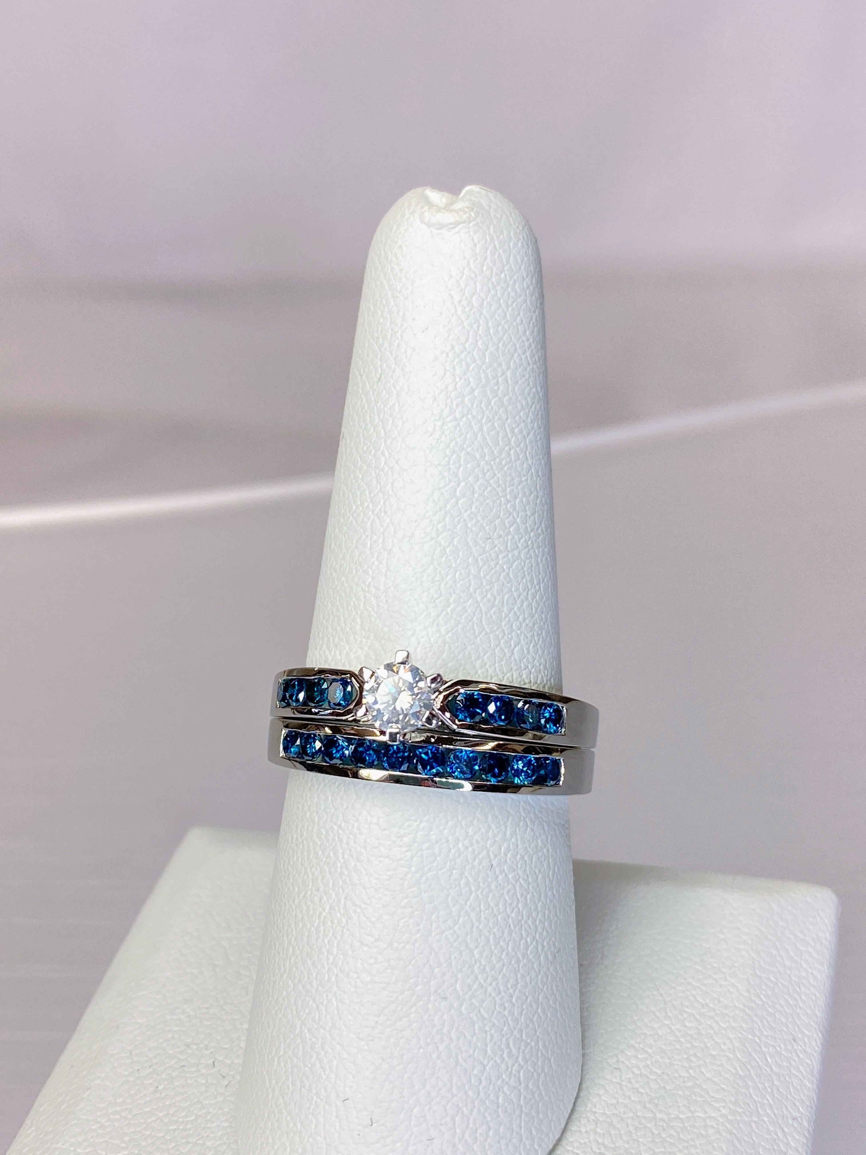 14K White Gold Blue & White Diamond Solitaire Accent Wedding Engagement Ring Set For Sale 1