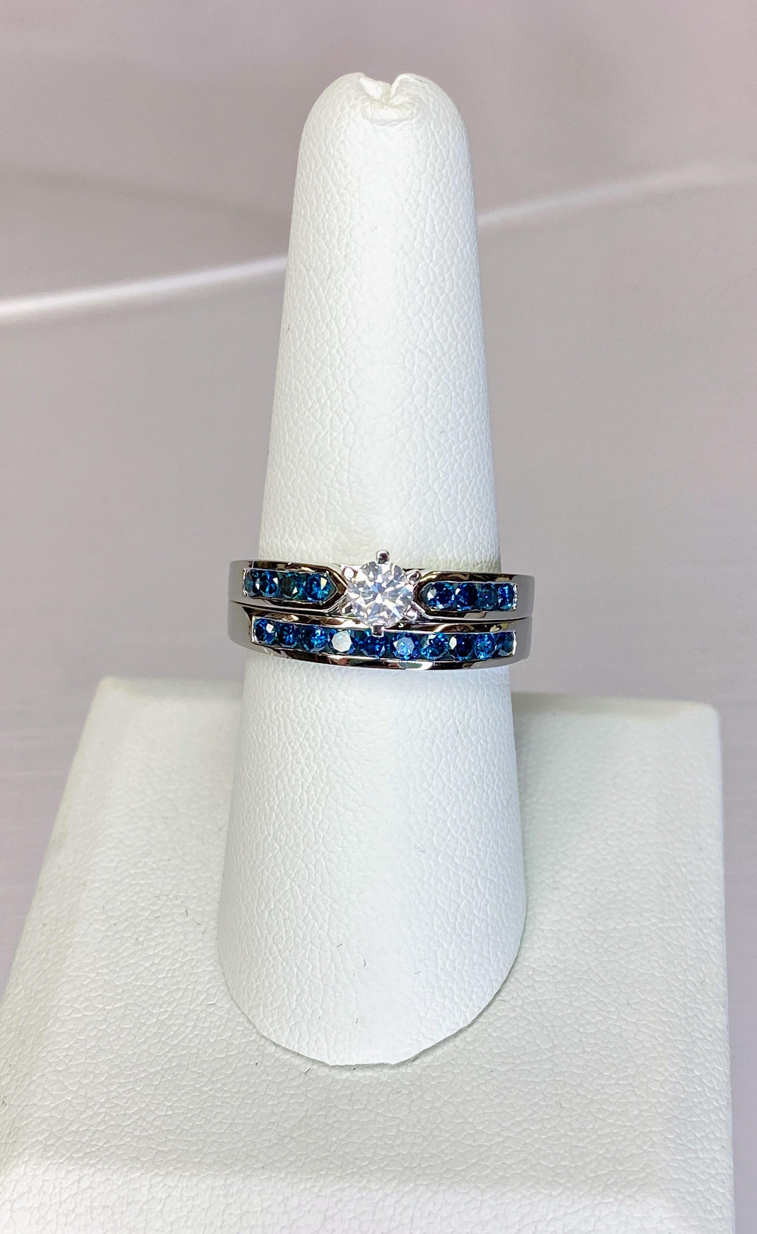 14K White Gold Blue & White Diamond Solitaire Accent Wedding Engagement Ring Set For Sale 2