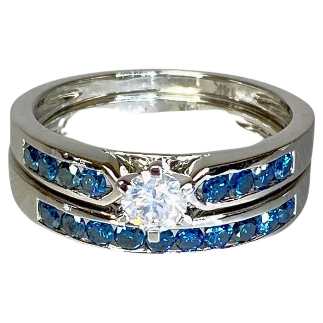 14K White Gold Blue & White Diamond Solitaire Accent Wedding Engagement Ring Set For Sale