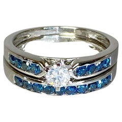 14K White Gold Blue & White Diamond Solitaire Accent Wedding Engagement Ring Set