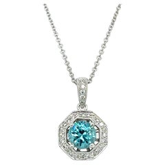14k White Gold Blue Zircon and Diamond Pendant Necklace