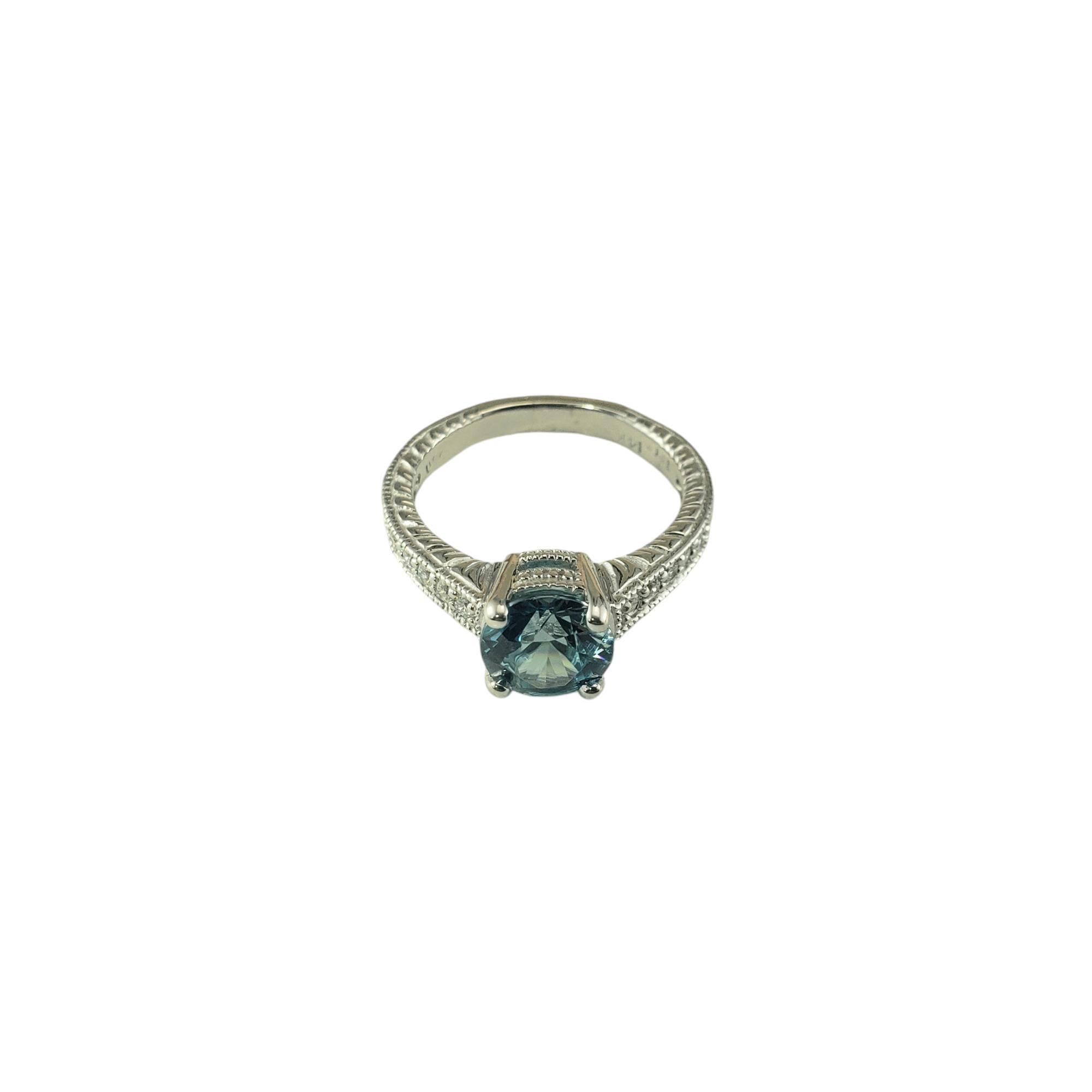 Contemporary 14K White Gold Blue Zircon and Diamond Ring Size 8 #19495 For Sale