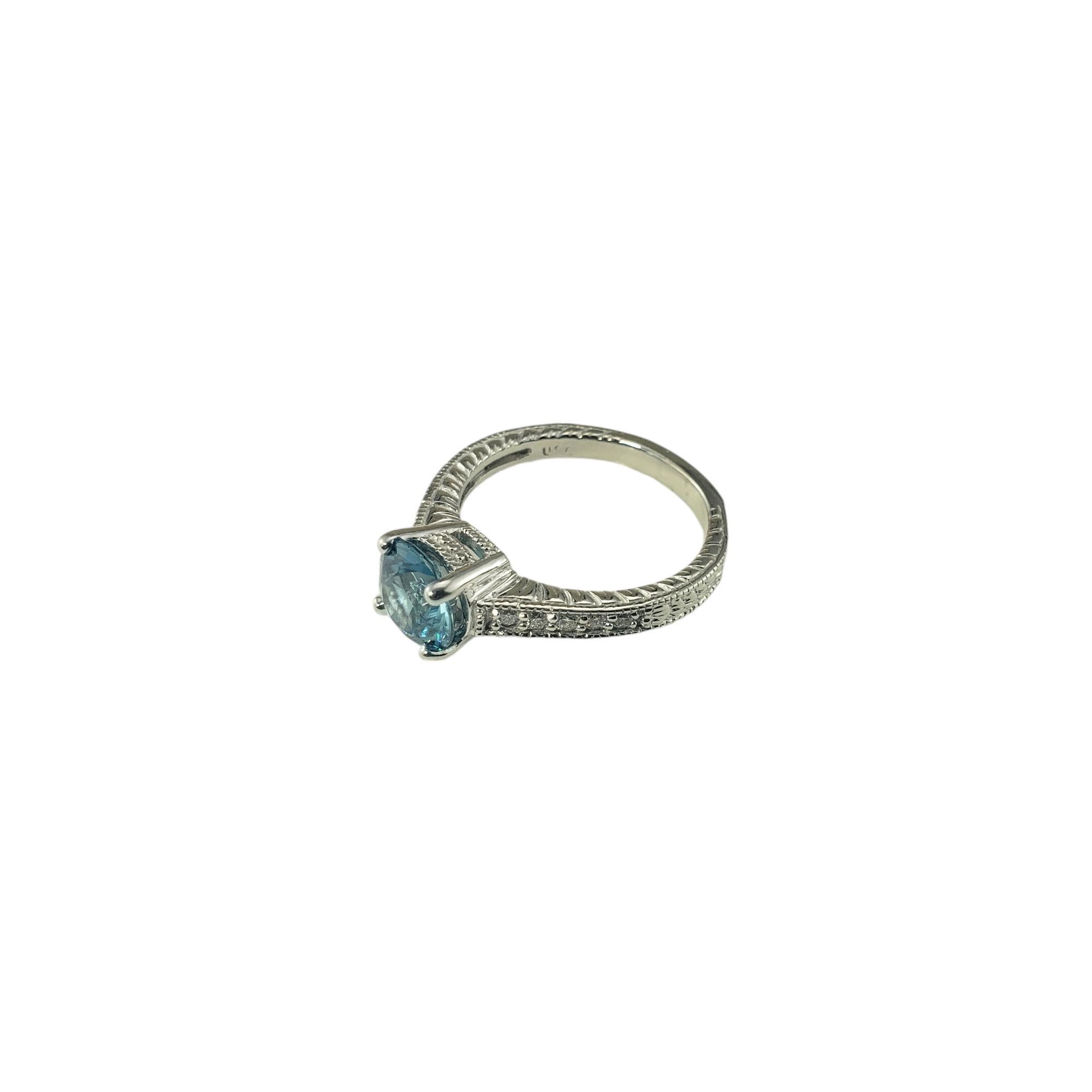 Round Cut 14K White Gold Blue Zircon and Diamond Ring Size 8 #19495 For Sale