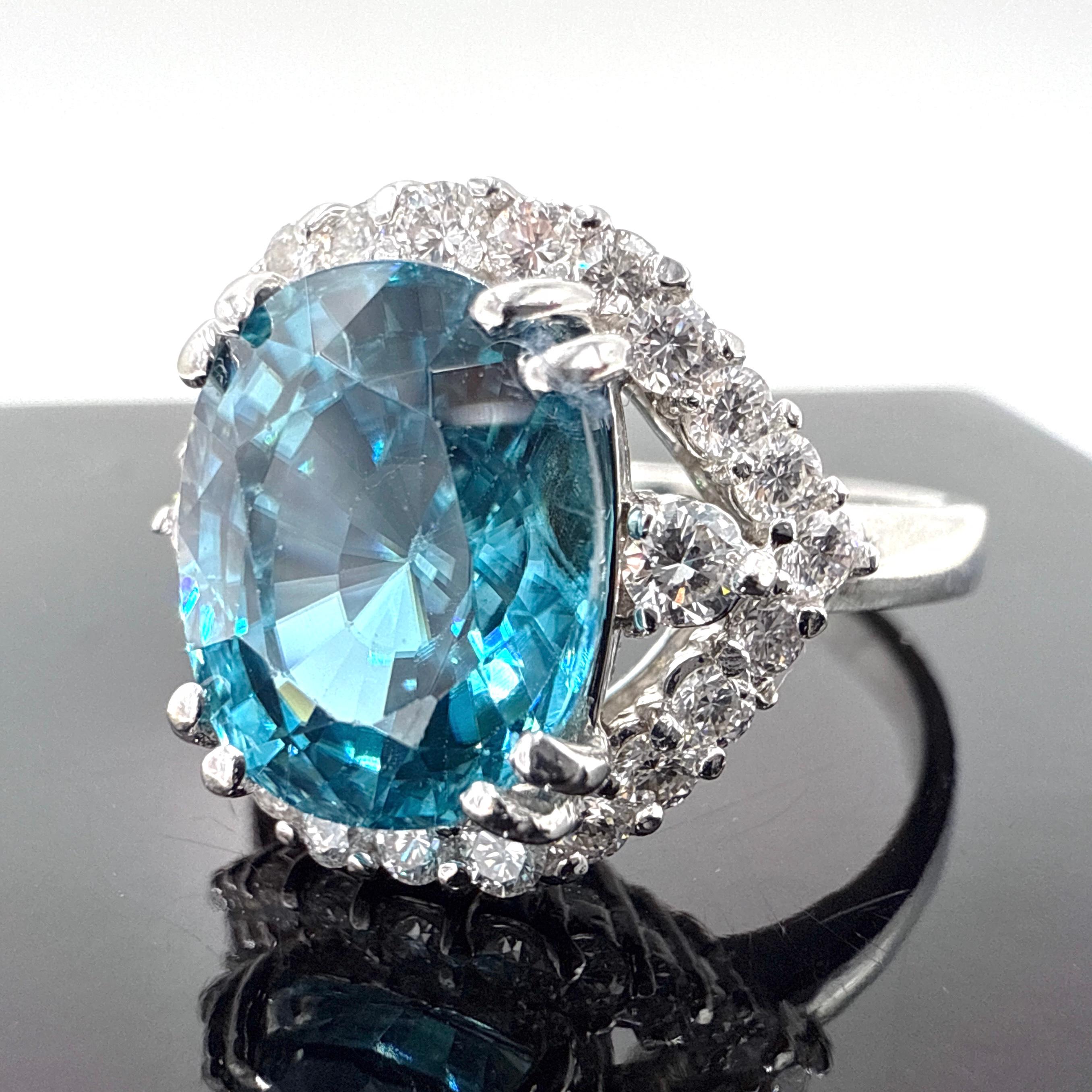 Oval Cut 14K White Gold Blue Zircon and Natural Diamond Ring – 6.17TCW For Sale