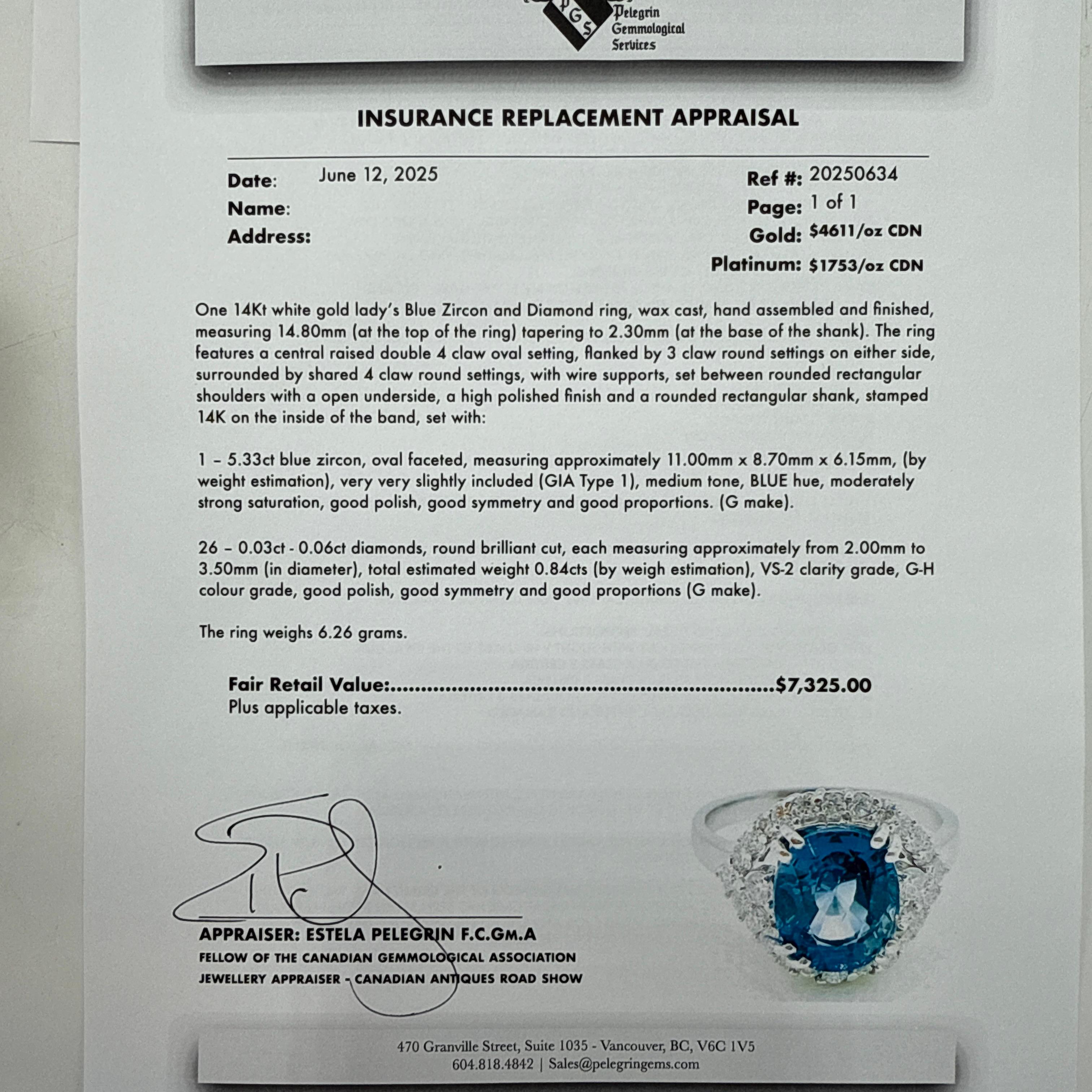 14K White Gold Blue Zircon and Natural Diamond Ring – 6.17TCW For Sale 4