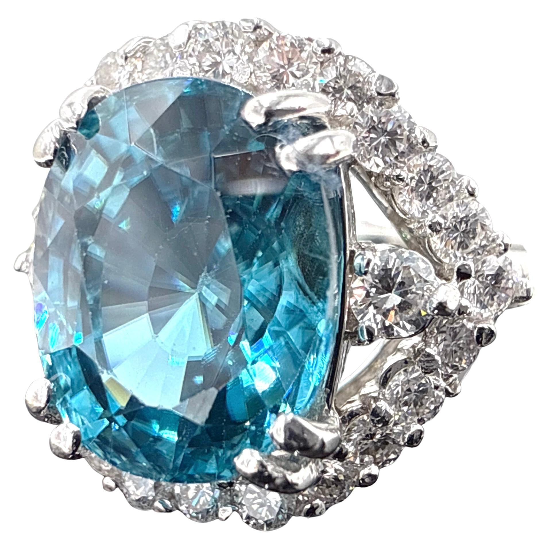 14K White Gold Blue Zircon and Natural Diamond Ring – 6.17TCW For Sale