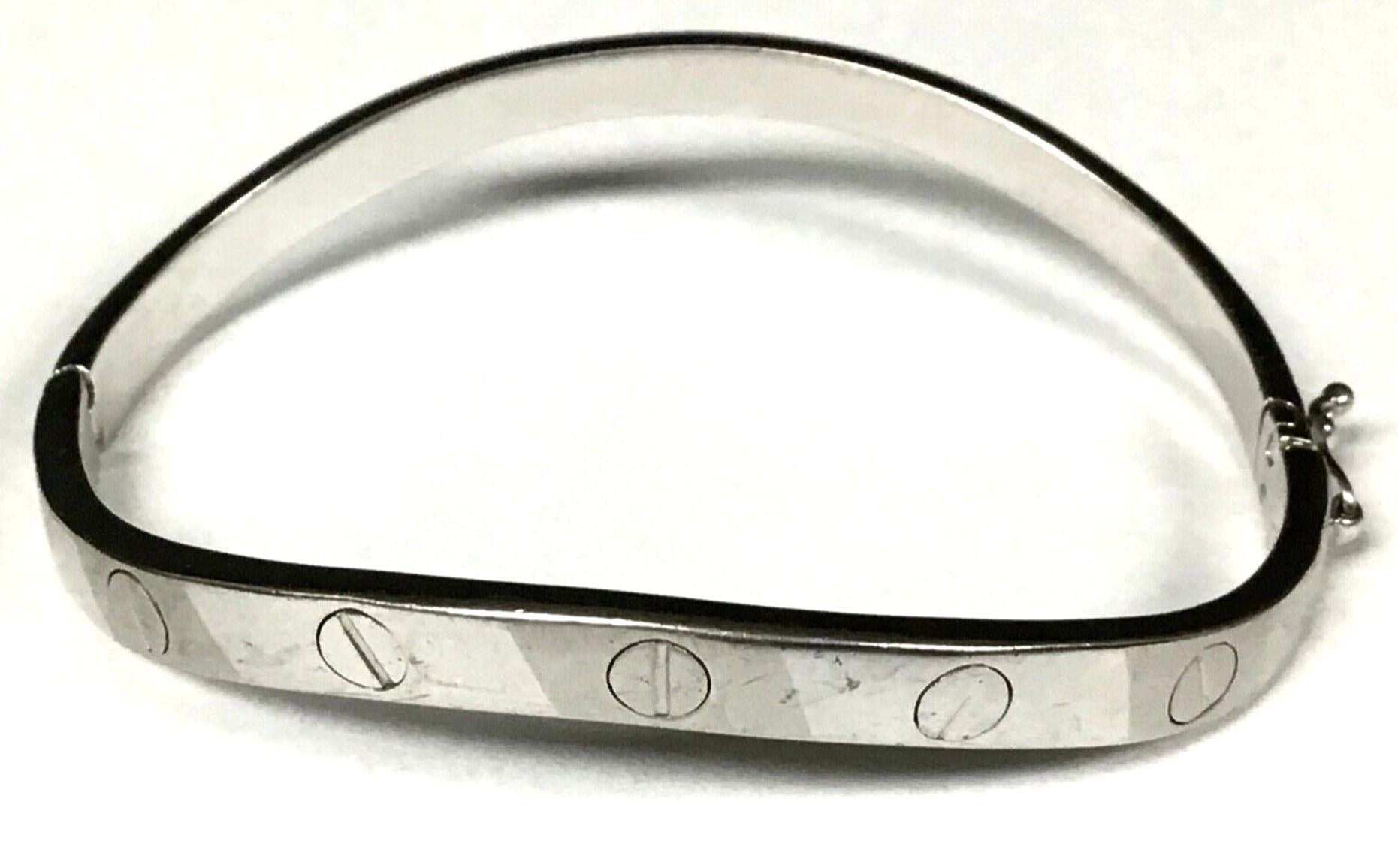 Solid 14K White Gold Cartier Style Cuff Bracelet W/Screw Design Accents & Patinated / polished Surface (18.85 Grams) - This bracelet is made of solid 14k white gold and has a beautiful diamond-cut surface. Measures: 2.55