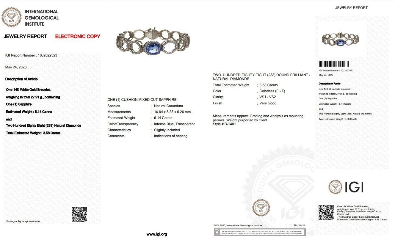 14k Weißgold-Armband mit 9,72 Karat natürlichem Saphir und natürlichen Diamanten, GIA-zertifiziert (Gemischter Schliff) im Angebot
