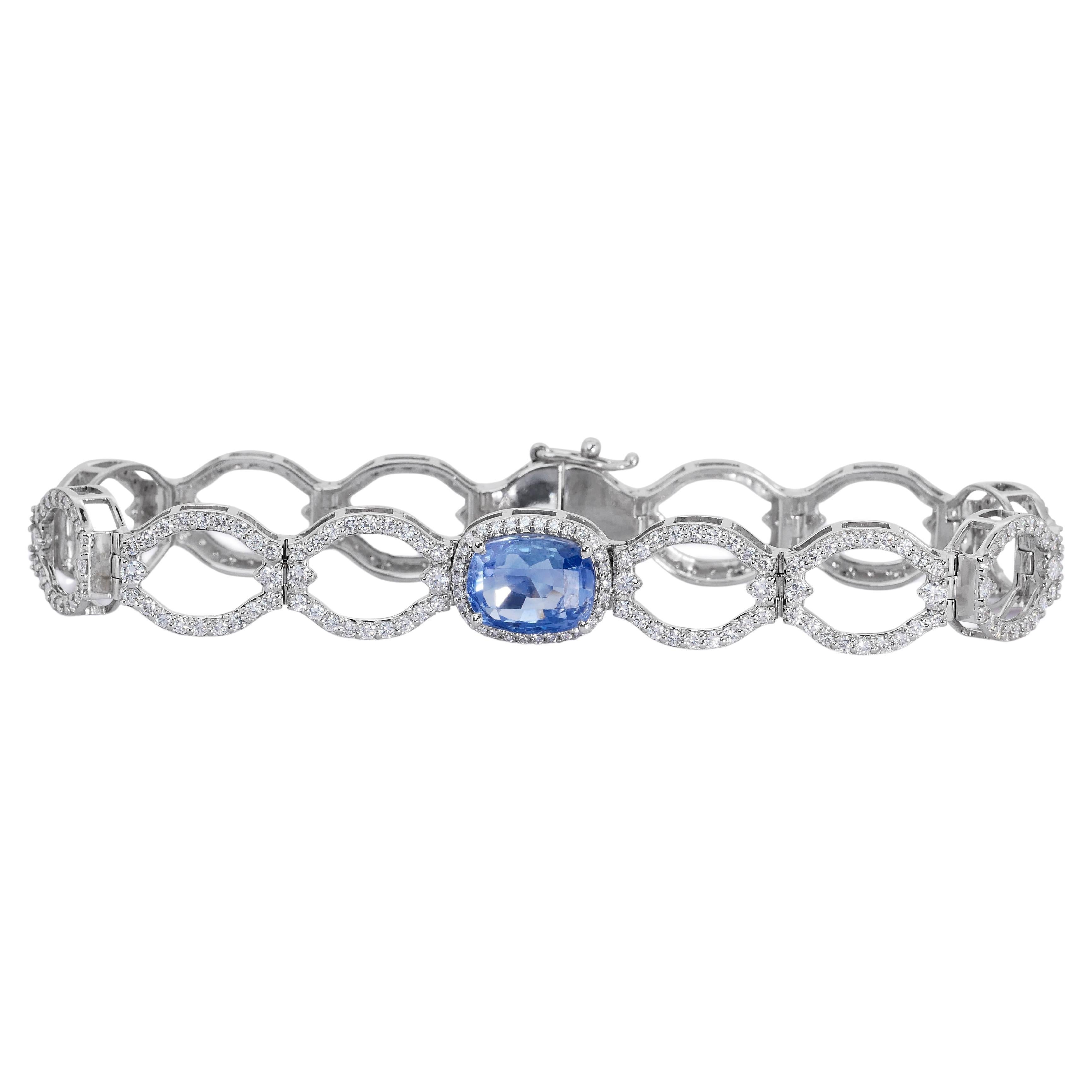 14k White Gold Bracelet w/ 9.72ct Natural Sapphire and Natural Diamonds GIA Cert For Sale