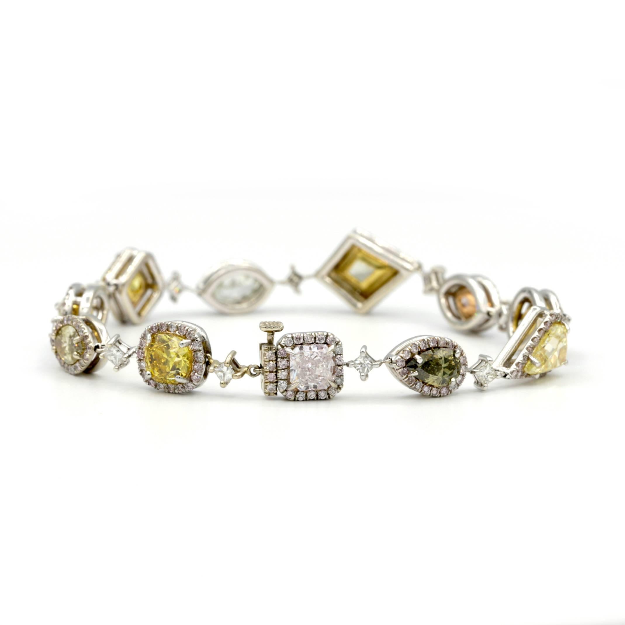 Women's or Men's 14k White Gold Bracelet with 9.15 carats of Natural multi Fancy color Diamonds  For Sale