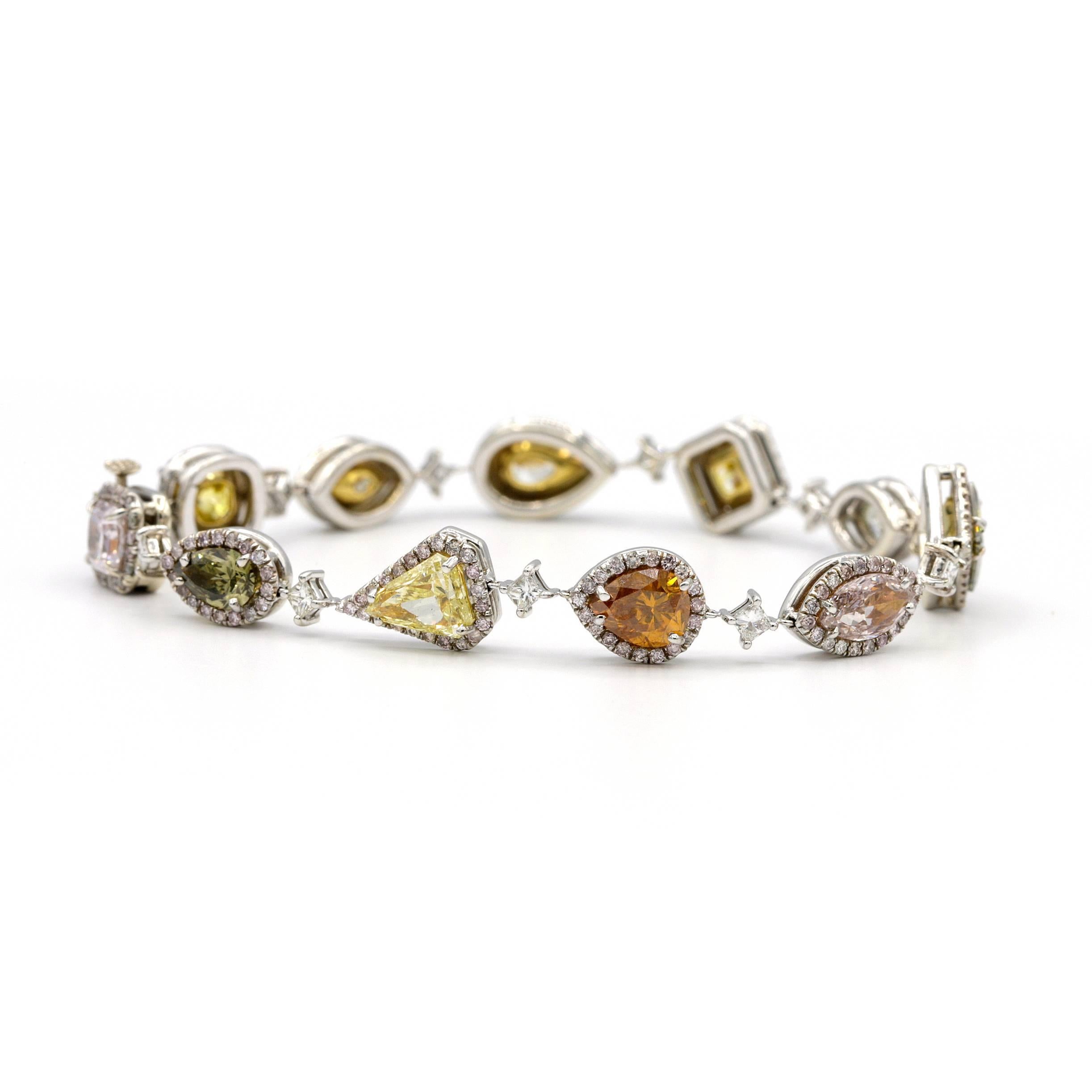 14k White Gold Bracelet with 9.15 carats of Natural multi Fancy color Diamonds  For Sale 1