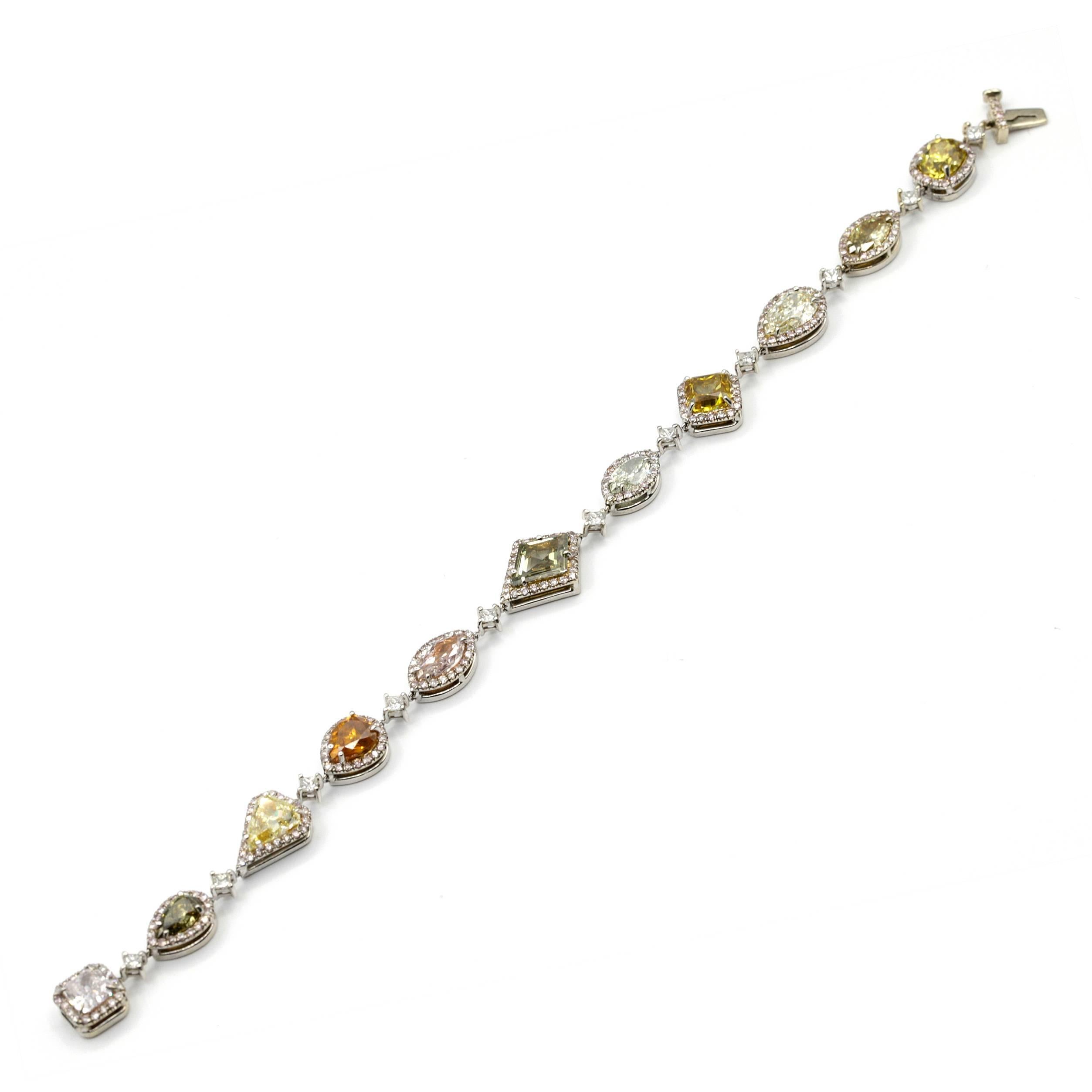 14k White Gold Bracelet with 9.15 carats of Natural multi Fancy color Diamonds  For Sale 2