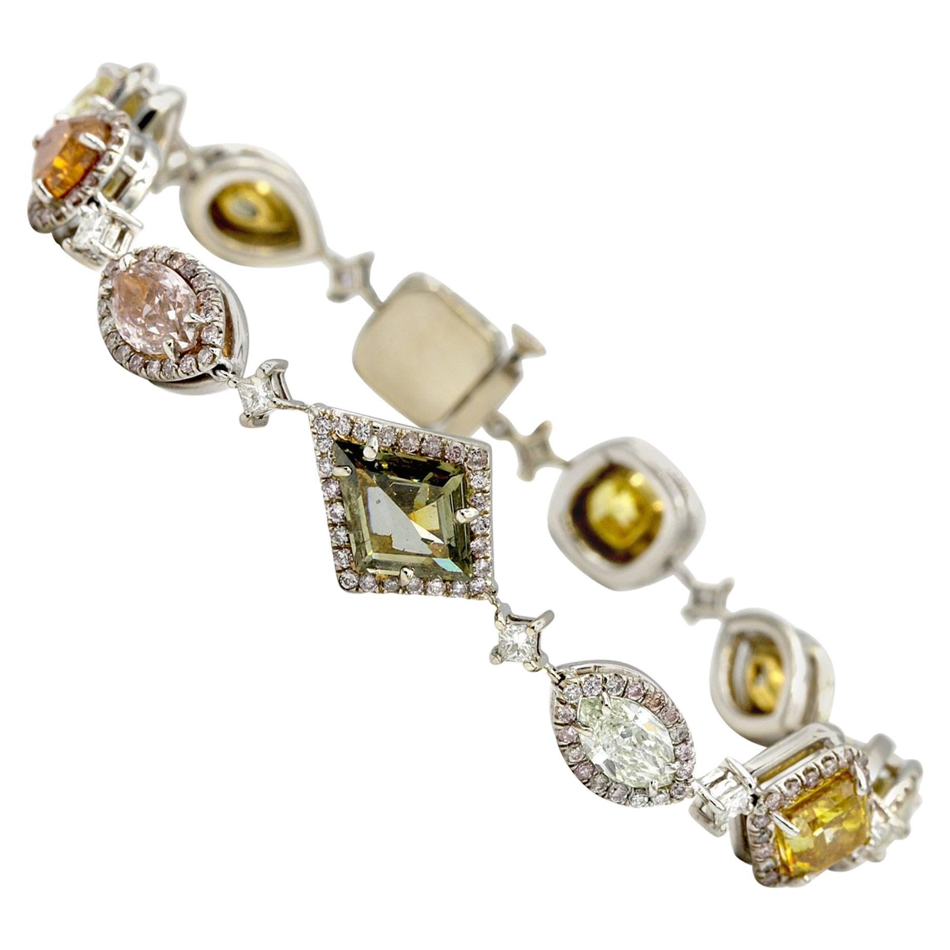 14k White Gold Bracelet with 9.15 carats of Natural multi Fancy color Diamonds  For Sale