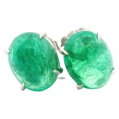 14k White Gold Bright Lively 4.67ctw Oval Cabochon Emerald Stud Earring