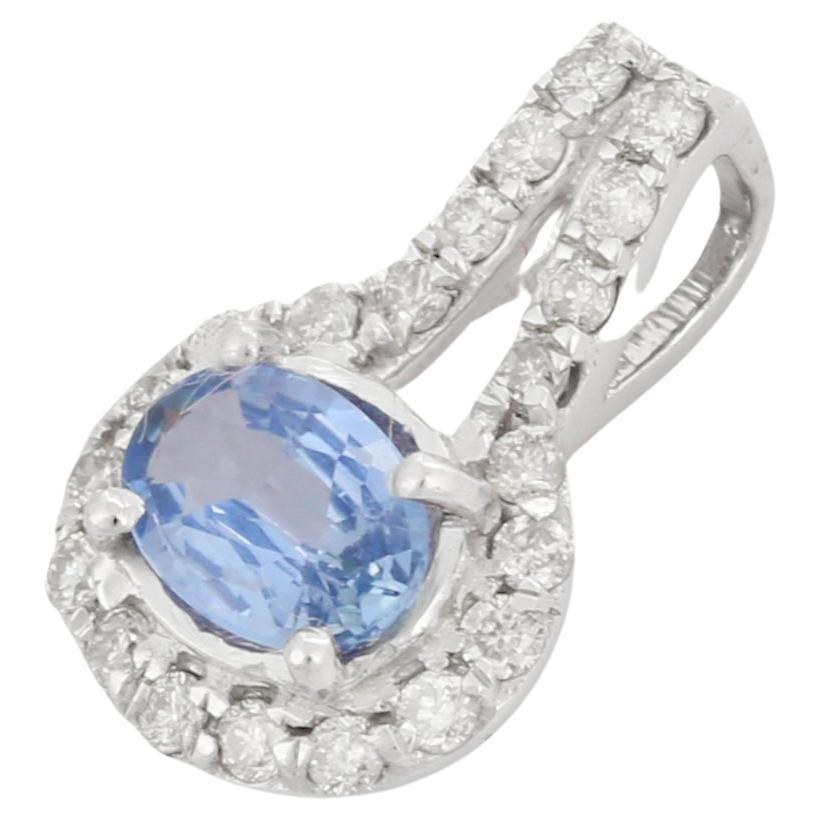14K White Gold Blue Sapphire Diamond Pendant