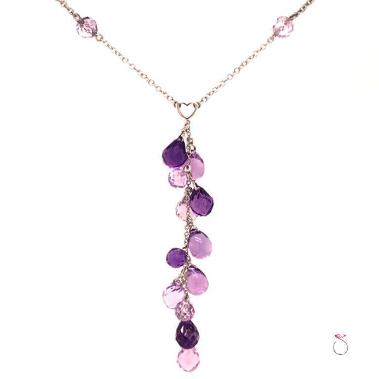 Artisan 14K White Gold Briolette Cut Amethyst Cluster Chain Necklace with Heart Motif For Sale